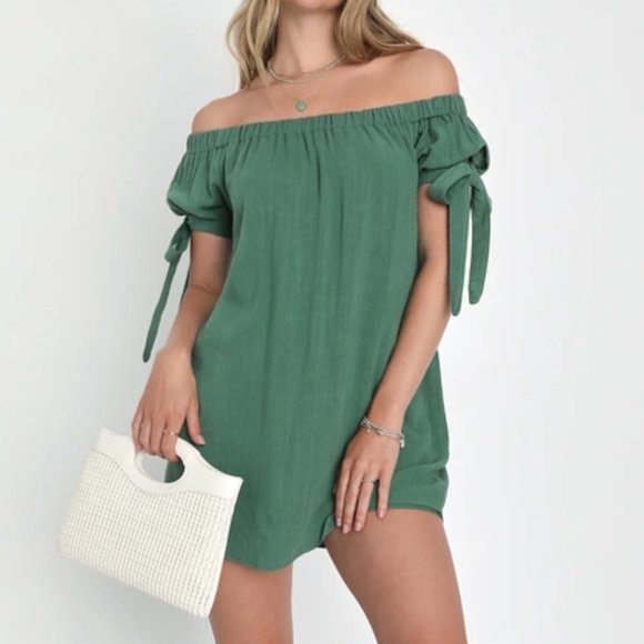 Lulus Dresses & Skirts - Lulu's Al Fresco Evenings Olive Green Off-the-Shoulder Dress - size  L - NWT